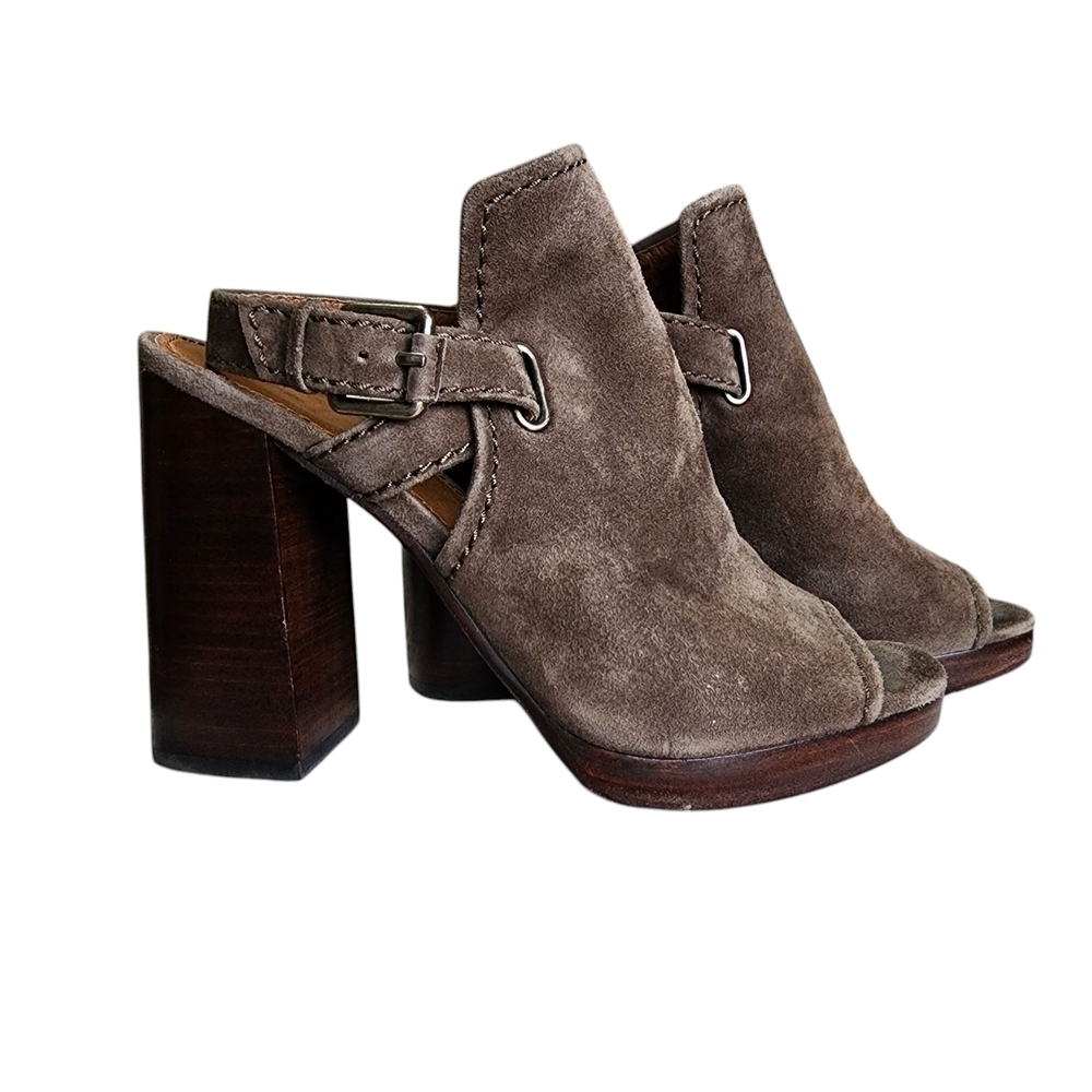 FRYE Karissa Brown Suede Mules with Chunky Wooden Heel and Peep-Toe - 8M